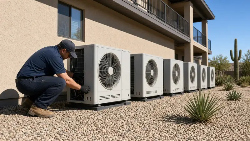 HVAC technician working on a row of condensers beside an apartment building with desert landscaping
