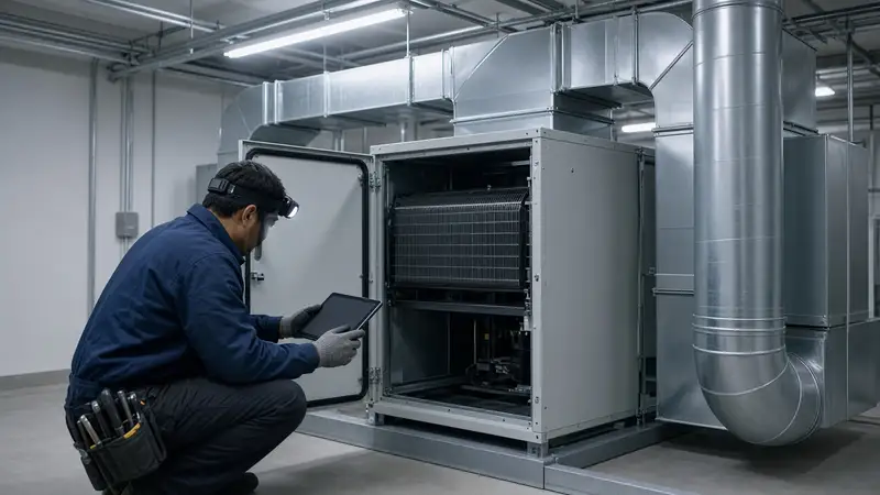 HVAC technician with a tablet at an air handler in a mechanical room