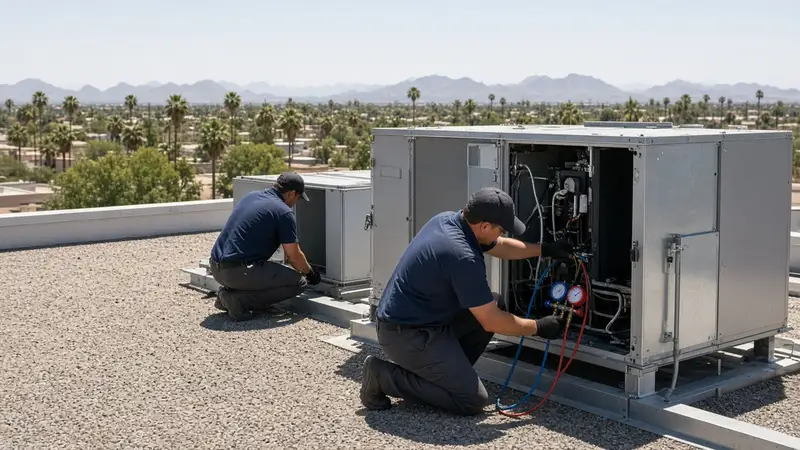 HVAC technician servicing a rooftop unit on a commercial building with desert mountains behind